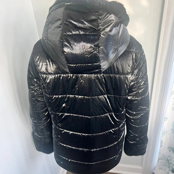 NEW Joseph Ribkoff Sz L Black Reversible Faux Fur Quilted Puffer Coat - Picture 2 of 16